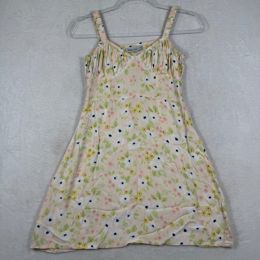 With Jean Peach Floral Ruched Bust Sleeveless Mini Dress XS Summer Cottagecore